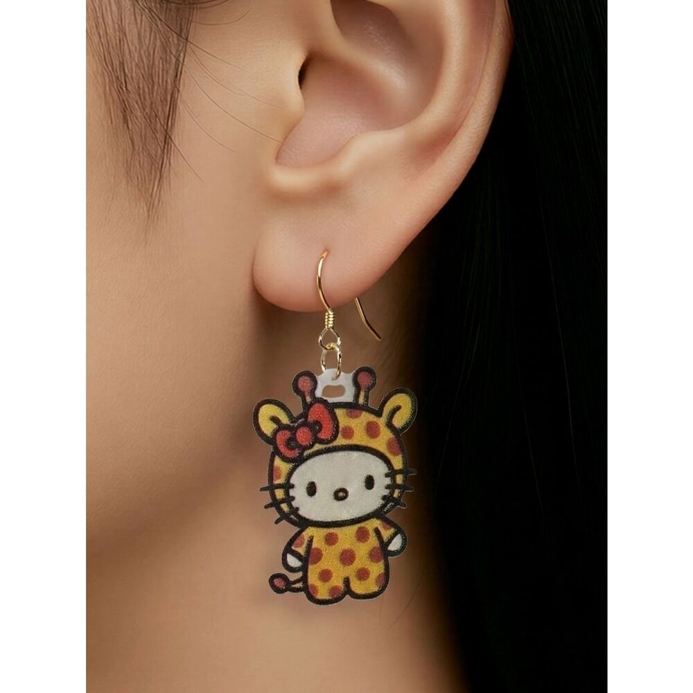 Hello Kitty Giraffe Costume Earrings Kawaii Opalescent Dangle Cute Gift Playful